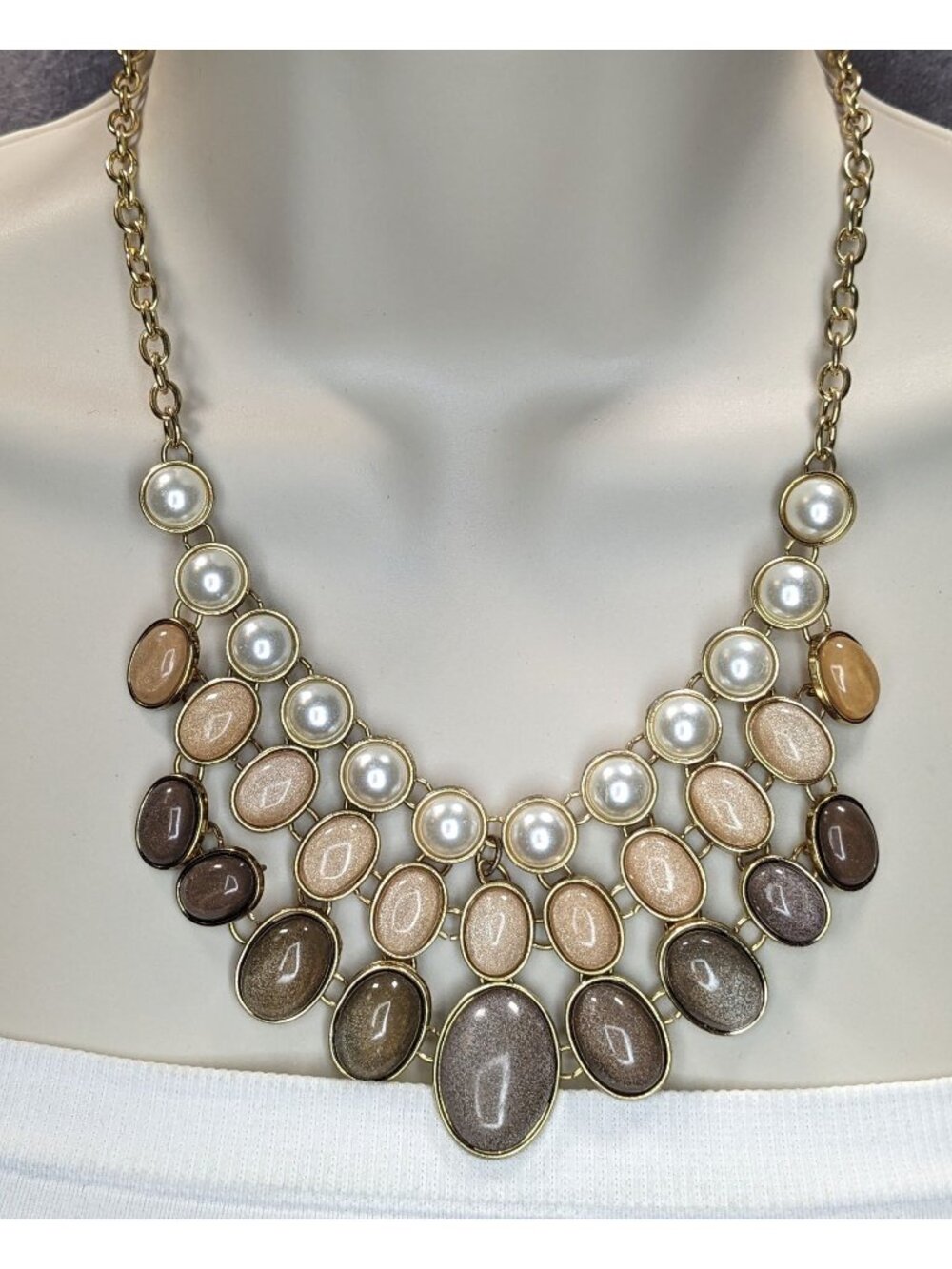 Glam Vintage New York & Co Neutral Shimmer Pearl Bib Statement Necklace
